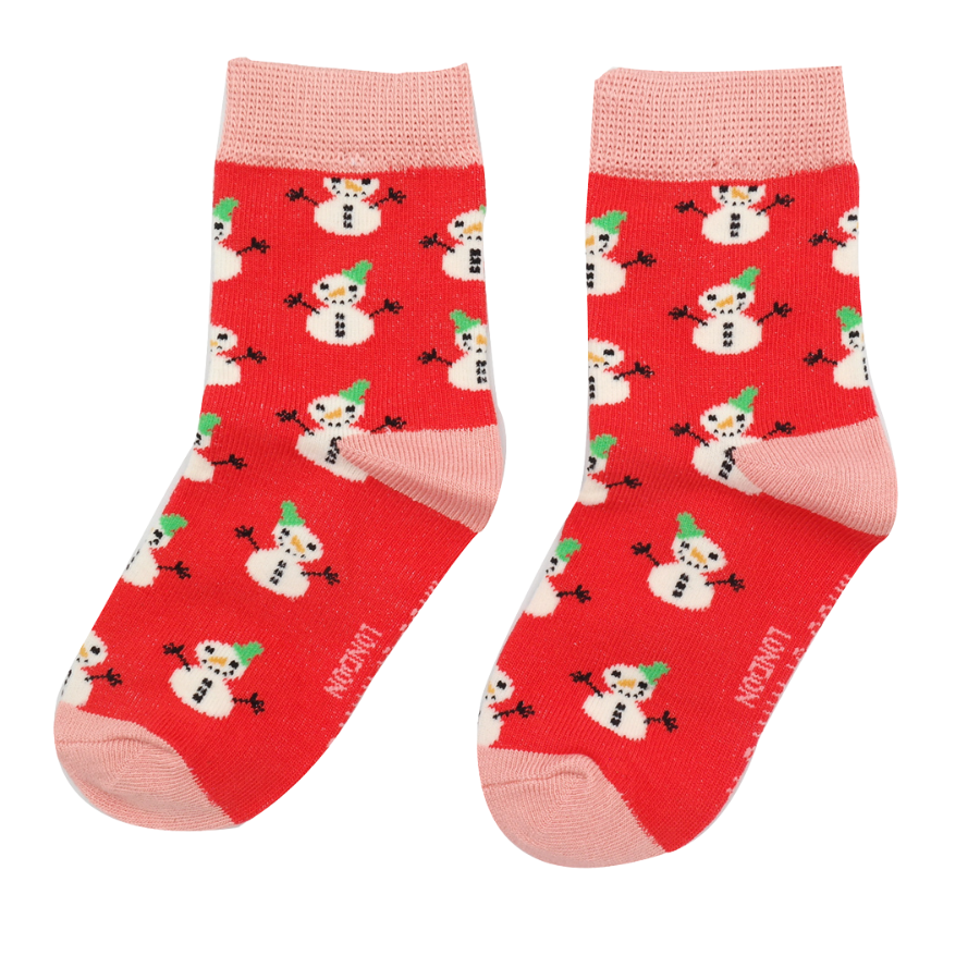 GIRLS Bamboo Kids Ankle Socks - Snowmen - Red