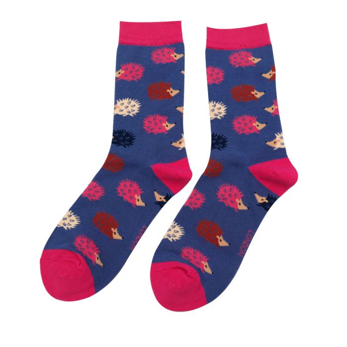 Miss Sparrow Bamboo Ankle Socks - Fun Hedgehogs - Denim Blue