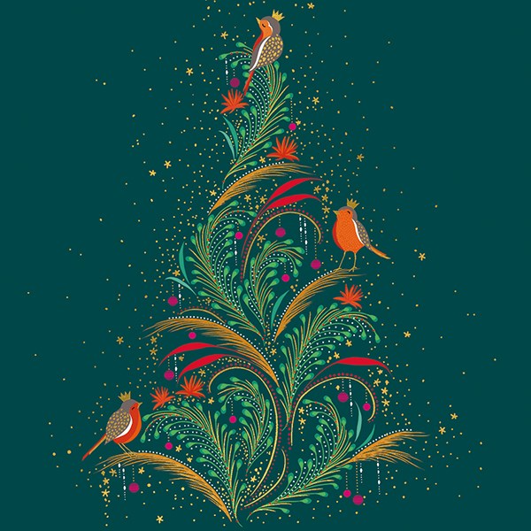 Sara Miller by The Art File - Robin Tree Green PACK of 8 Luxury Boxed Christmas Cards
