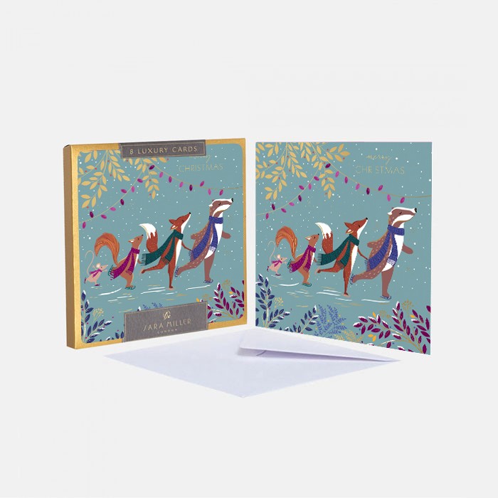 Sara Miller by The Art File - Ice Skating Forest Animals PACK of 8 Luxury Boxed Christmas Cards