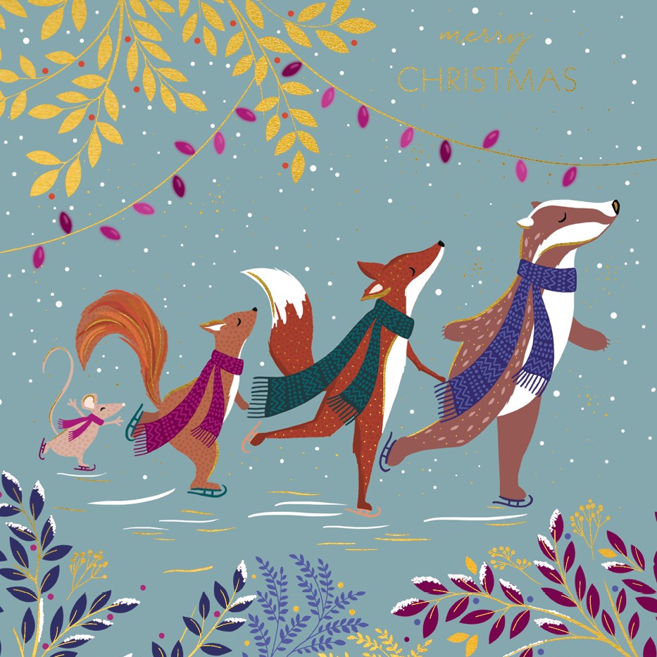 Sara Miller by The Art File - Ice Skating Forest Animals PACK of 8 Luxury Boxed Christmas Cards
