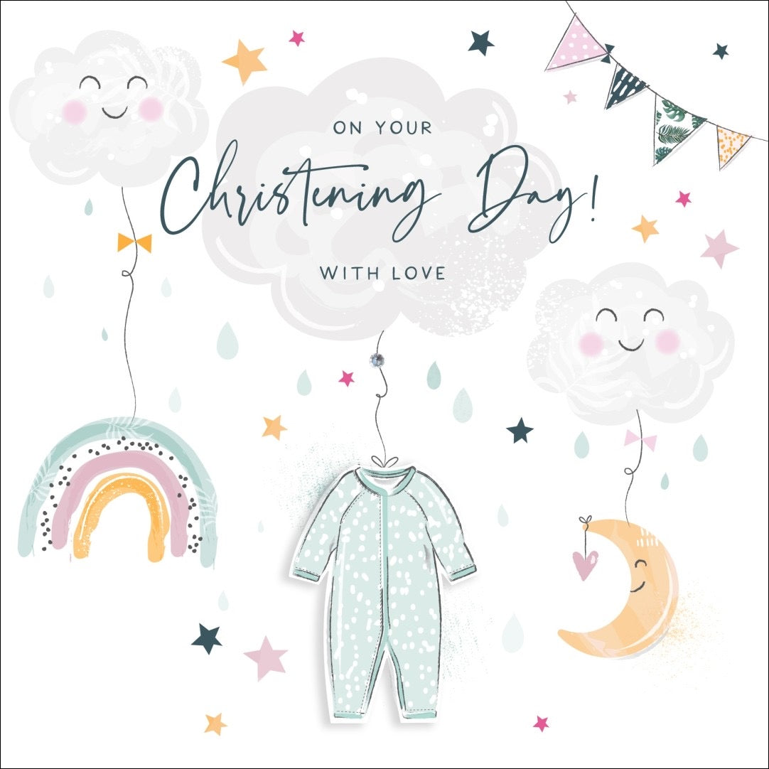 Christening Day With Love Clouds & Babygrow Card