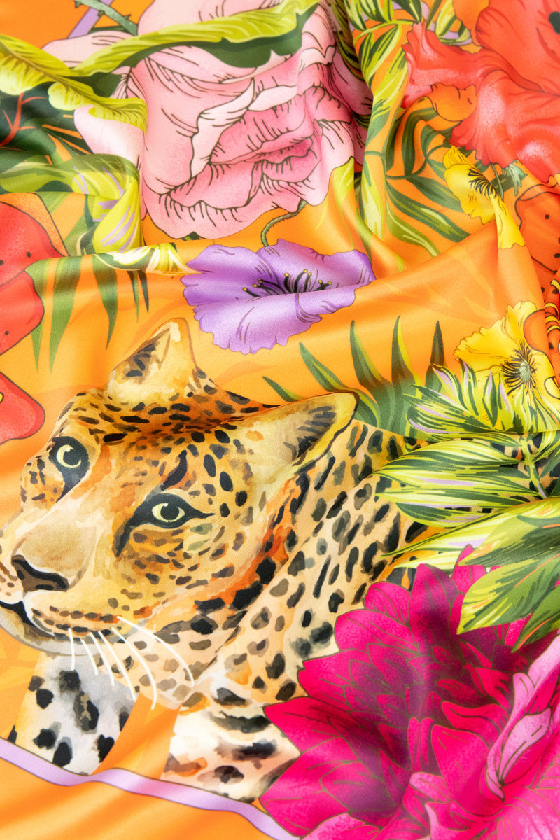 Powder Blooming Jungle Small Satin Square Scarf - Orange