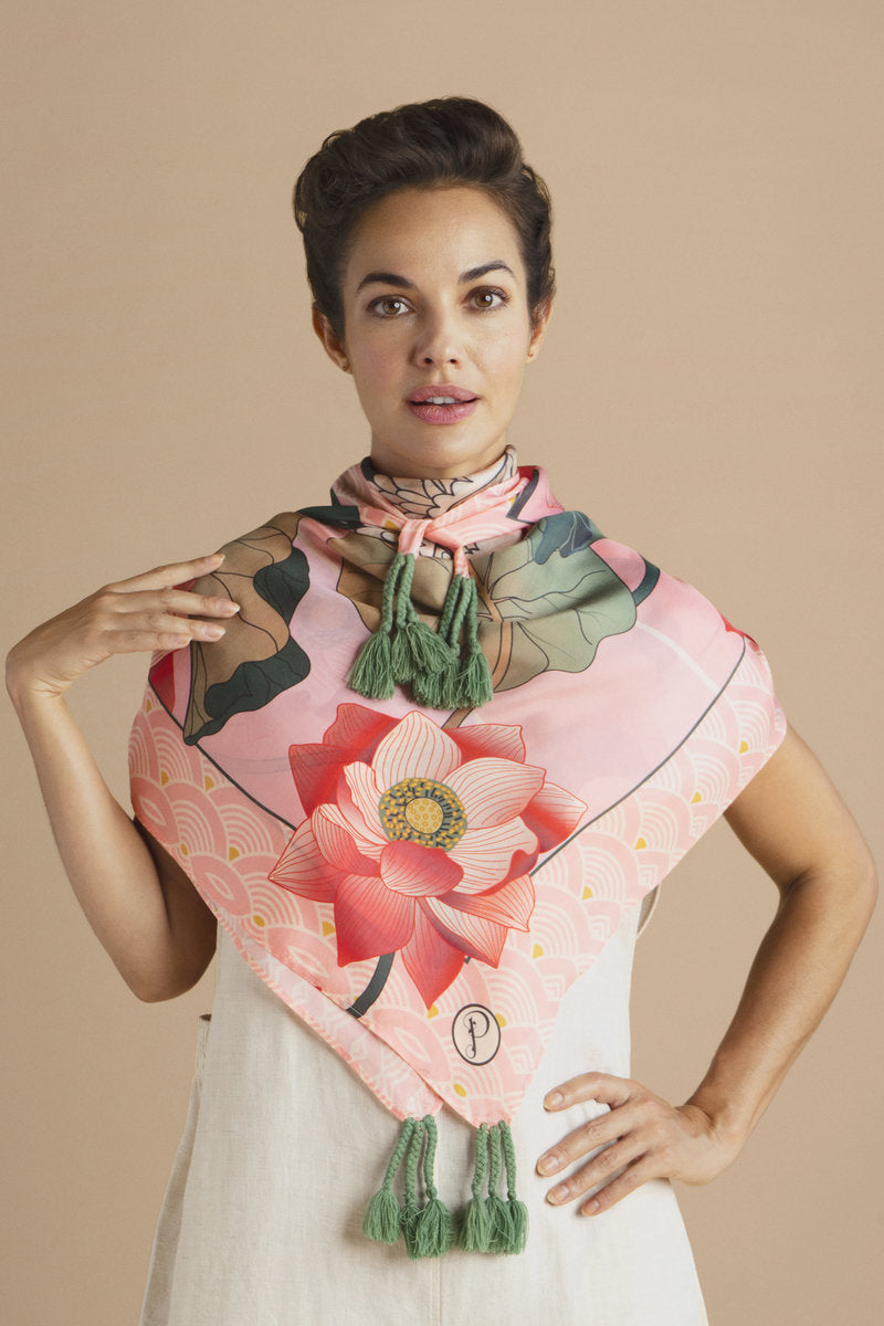Powder Tasselled 100% Silk Scarf - Crane at Sunrise - Petal Pink