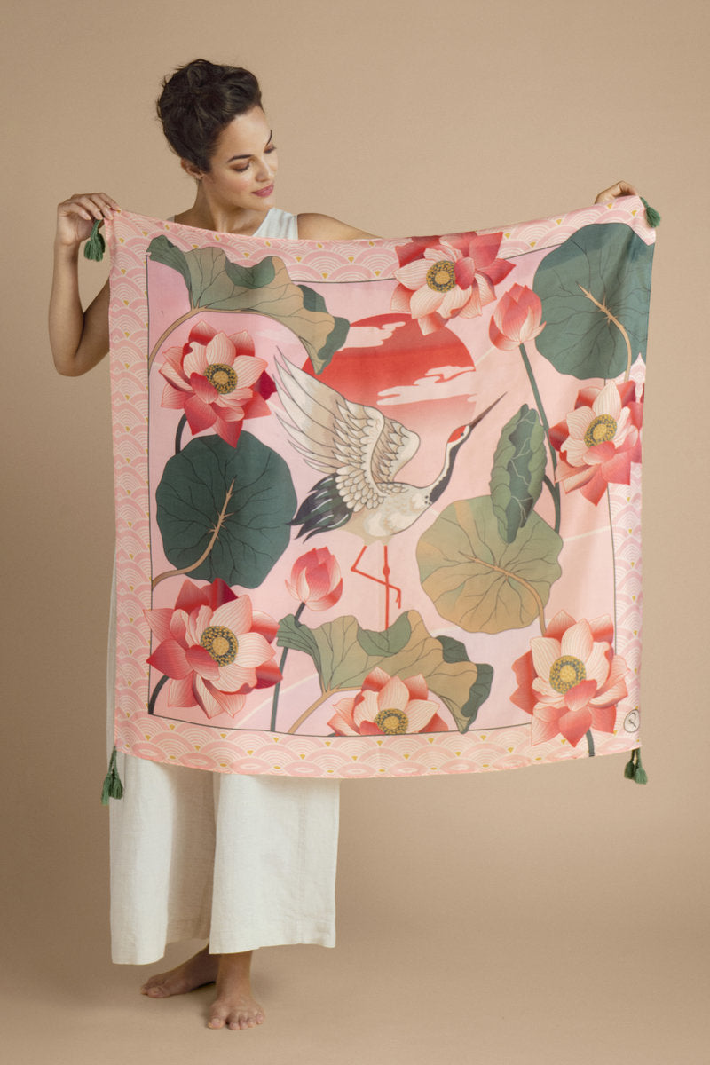 Powder Tasselled 100% Silk Scarf - Crane at Sunrise - Petal Pink