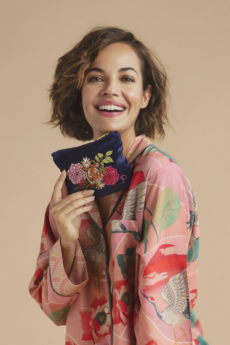 Powder Floral Tiger Velvet Embroidered Vanity Bag - Indigo Blue