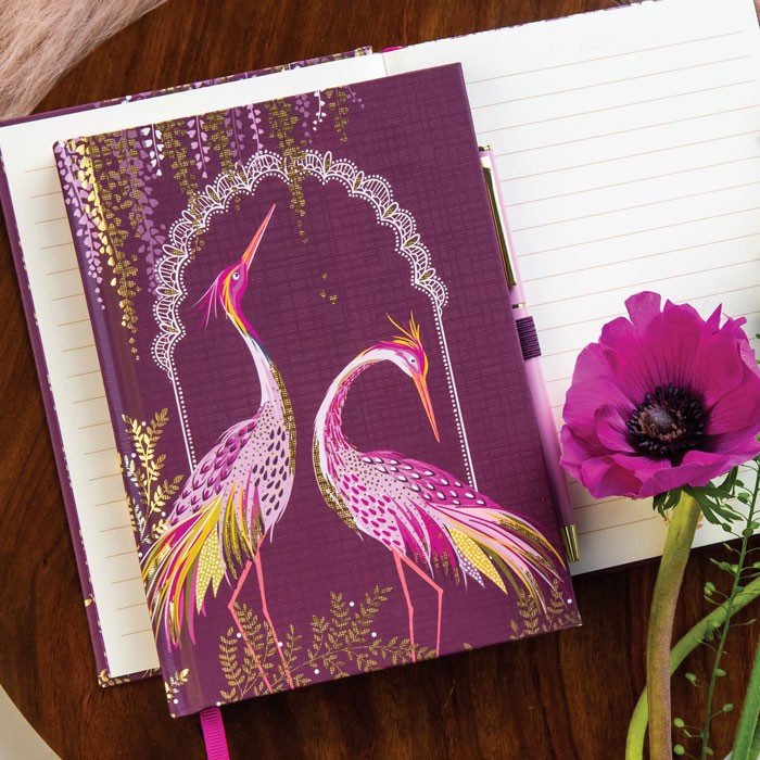 Sara Miller Plum Dancing Cranes B6 Notebook & Pen