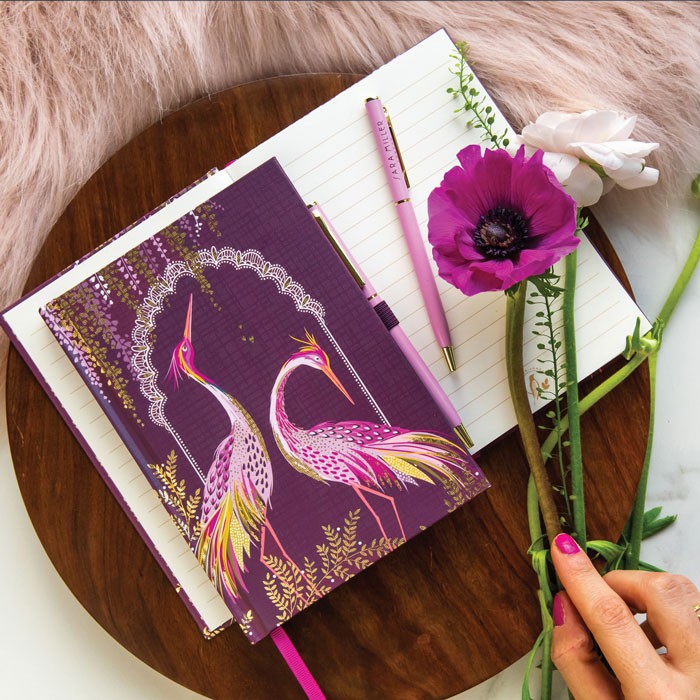 Sara Miller Plum Dancing Cranes B6 Notebook & Pen