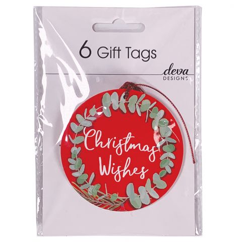Deva Designs Wreath Round - Christmas Wishes - Gift Tag Pack 6 - Red