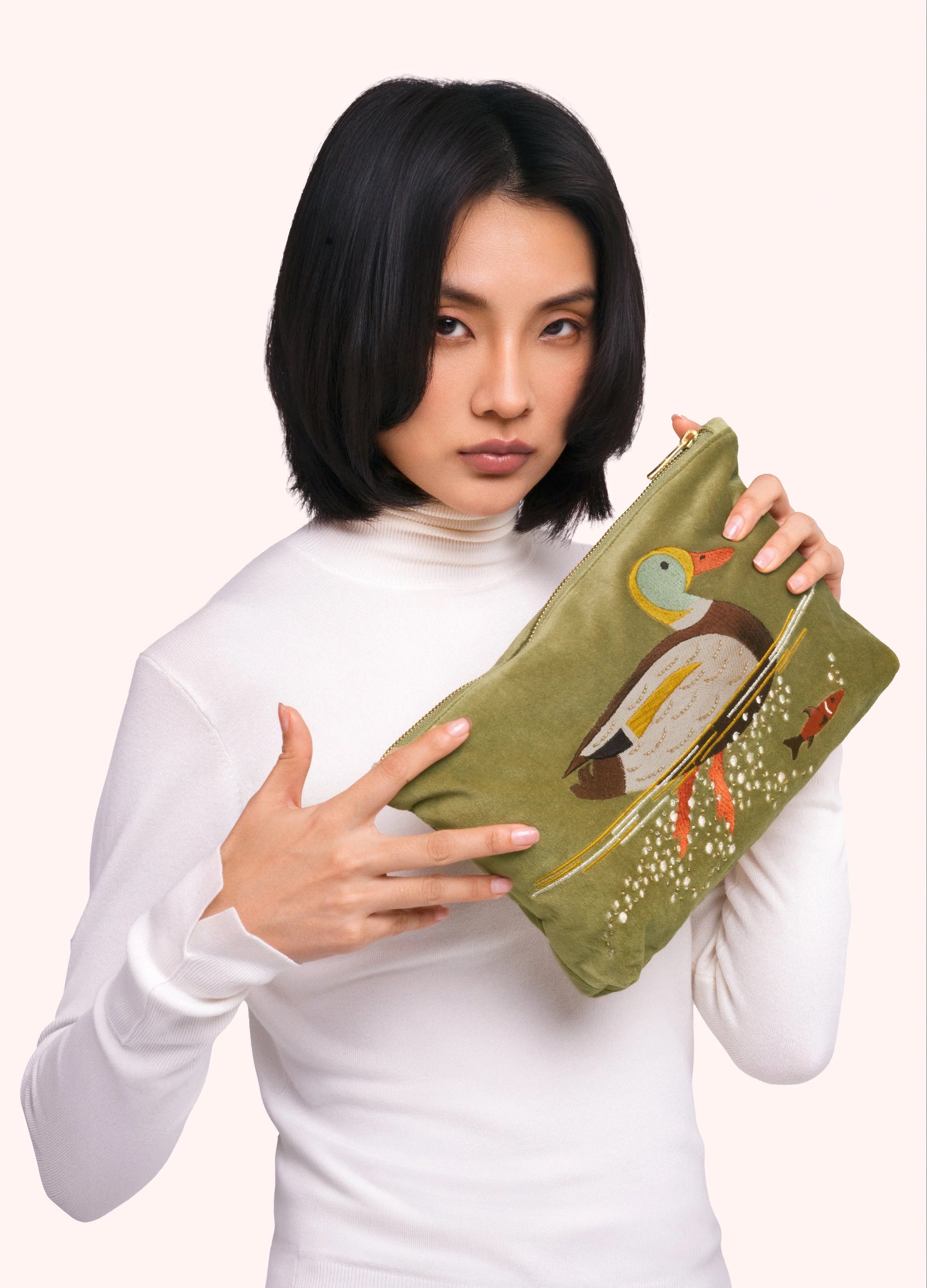 Powder Velvet Large Zip Pouch/Clutch Bag - Duck - Sage Green