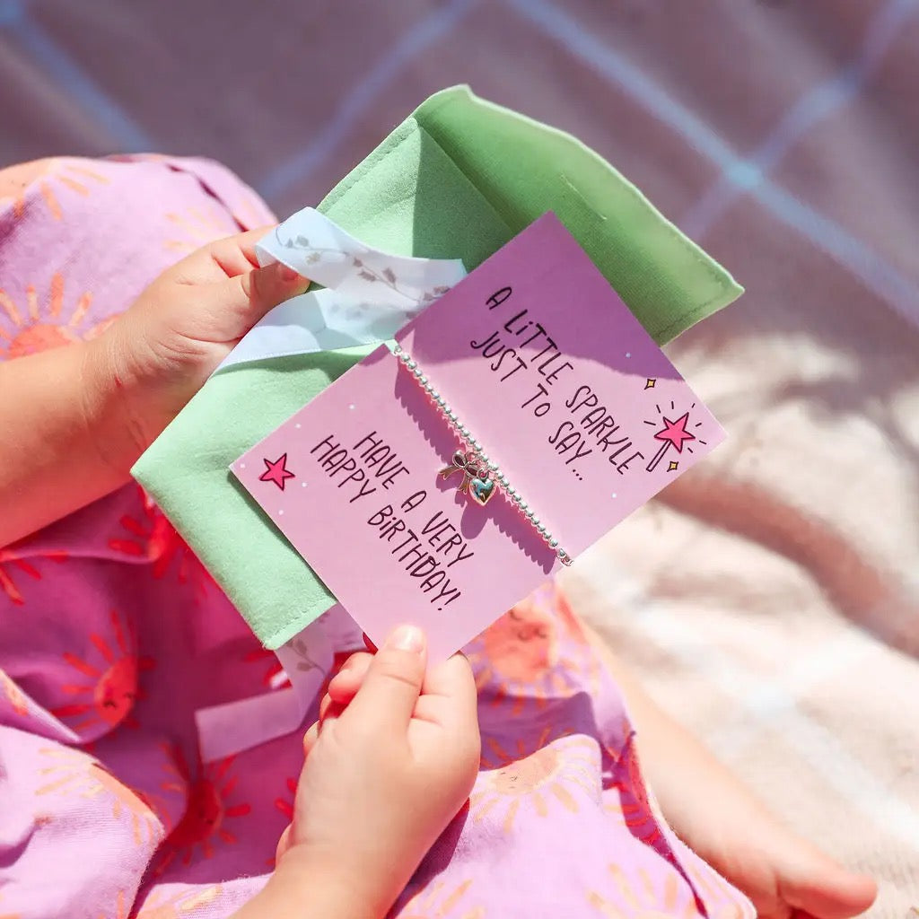 Letterbox Love - Happy Birthday - Heart &amp; Bow - CHILDREN'S - Silver Plated Stretch Bracelet