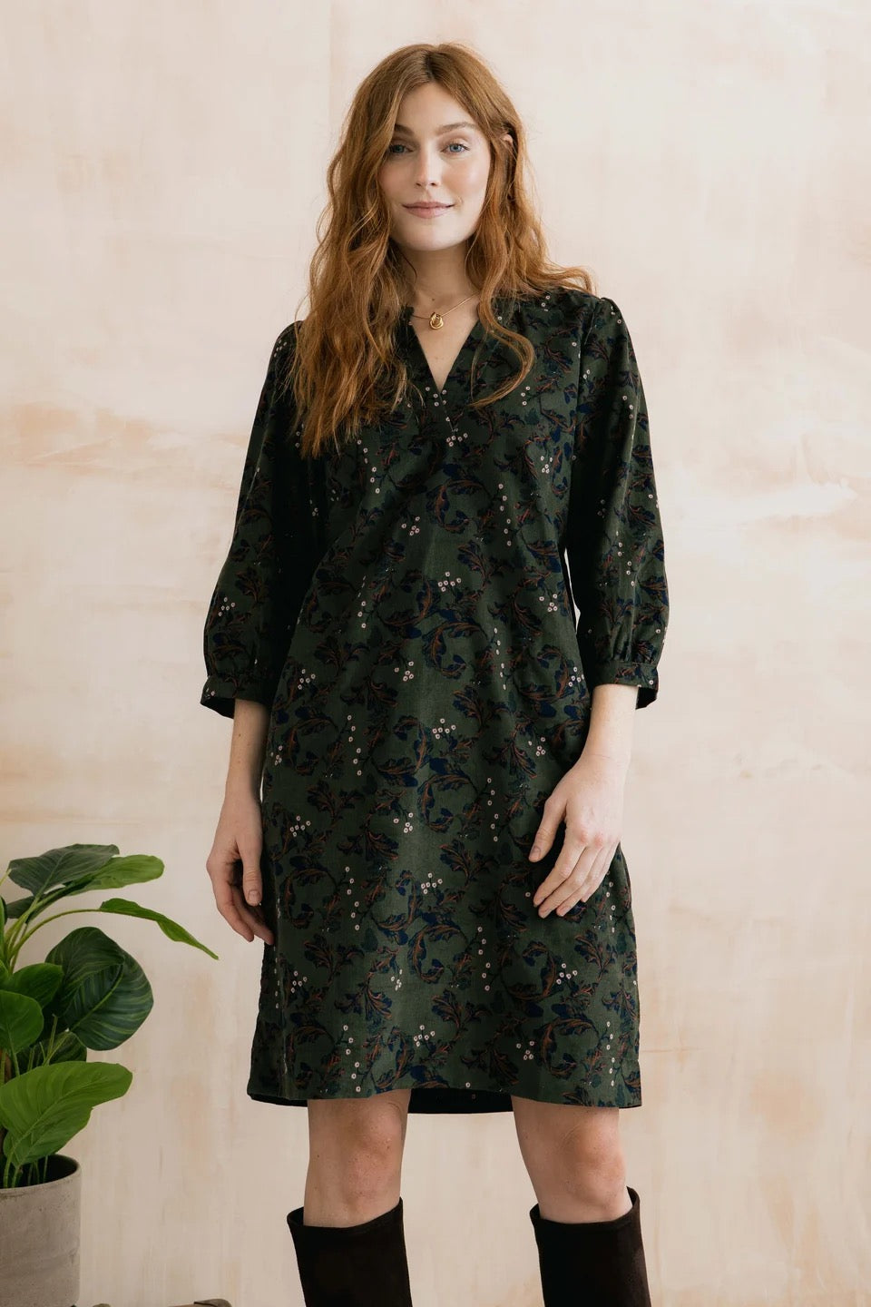 Harvest Trailing Leaves Print Pincord Midi Dress - Dark Olive - Lily &amp; Me