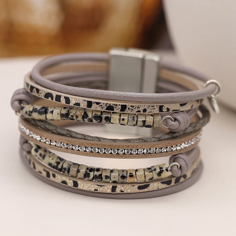 POM Multistrand Taupe Leather & Diamante Magnetic Bracelet with Dalmatian Jasper Beads