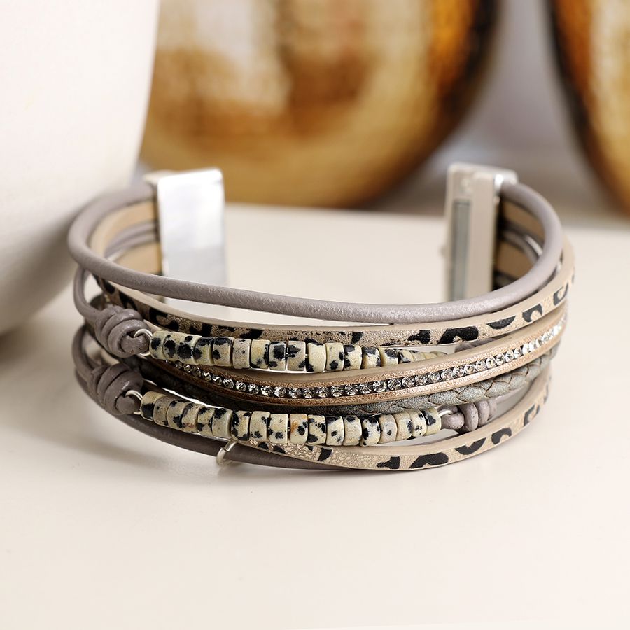 POM Multistrand Taupe Leather & Diamante Magnetic Bracelet with Dalmatian Jasper Beads