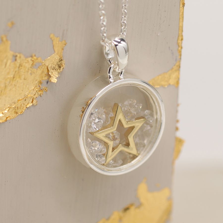 POM Round Glass Front Pendant with Crystals & Gold Star inside - Silver