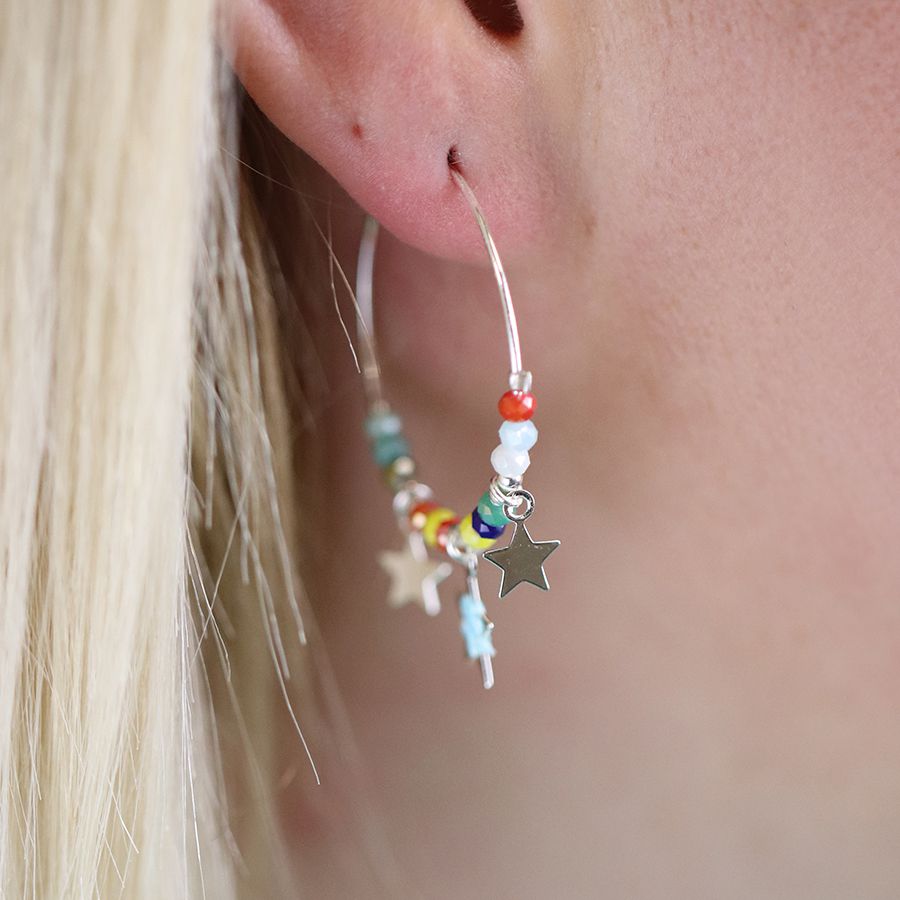 POM Silver Plated Star & Multi Coloured Beaded Hoop Earrings