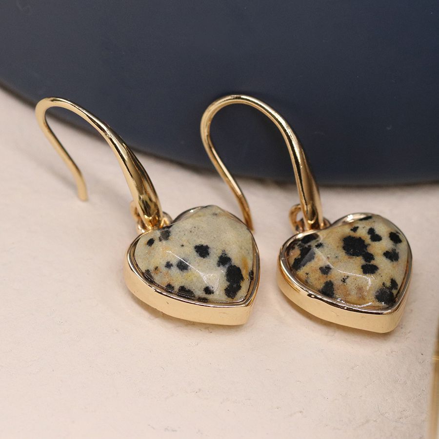 POM Faux Golden Dalmatian Jasper Heart Drop Earrings