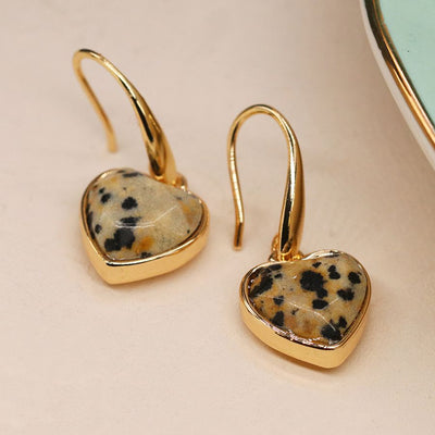 POM Faux Golden Dalmatian Jasper Heart Drop Earrings