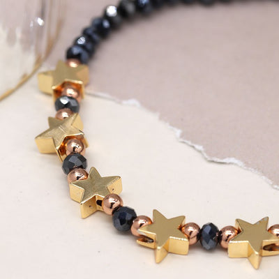 POM Midnight Bead Stretch Bracelet with Golden Stars & Metallic Beads