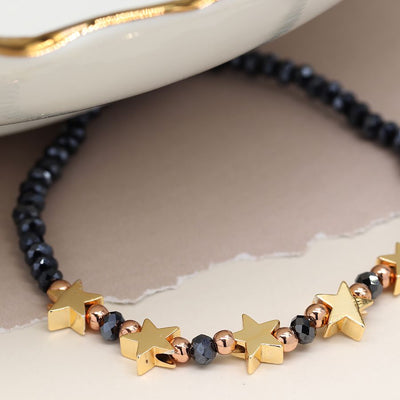 POM Midnight Bead Stretch Bracelet with Golden Stars & Metallic Beads
