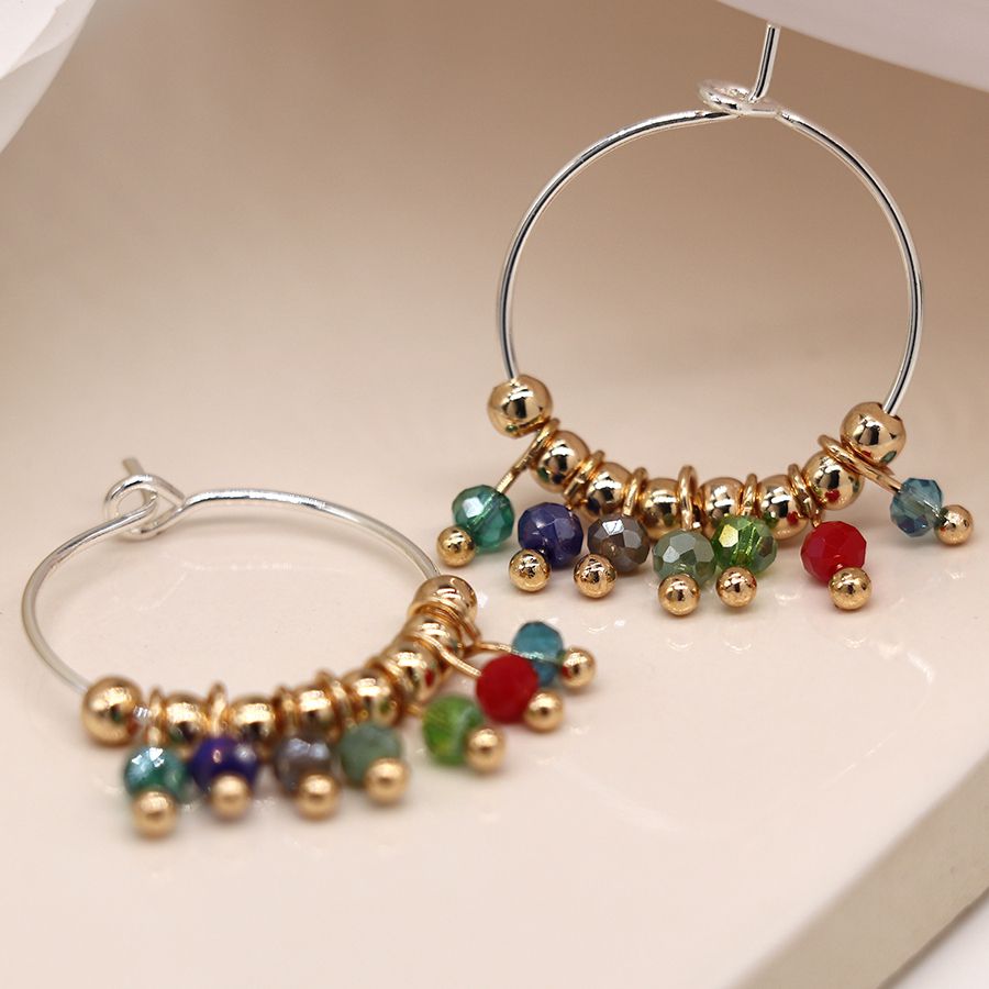 POM Multicoloured Faceted Crystal & Gold Beaded Silver Hoop Earrings