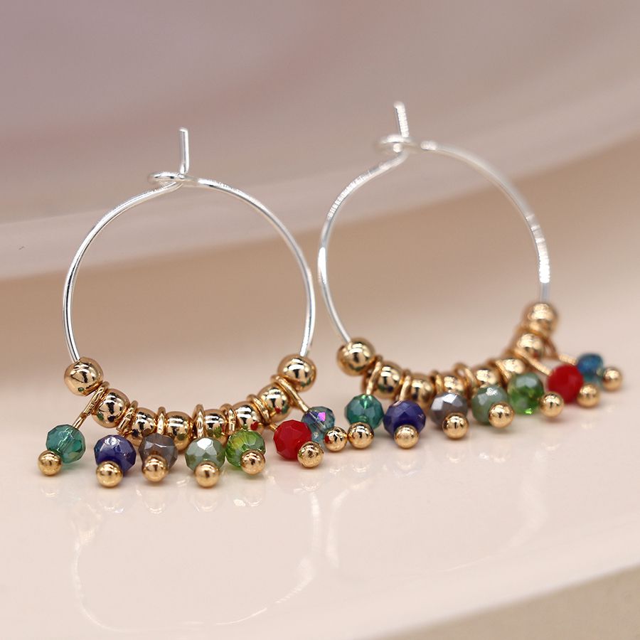 POM Multicoloured Faceted Crystal & Gold Beaded Silver Hoop Earrings