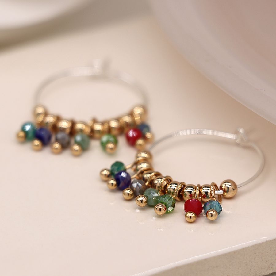 POM Multicoloured Faceted Crystal & Gold Beaded Silver Hoop Earrings