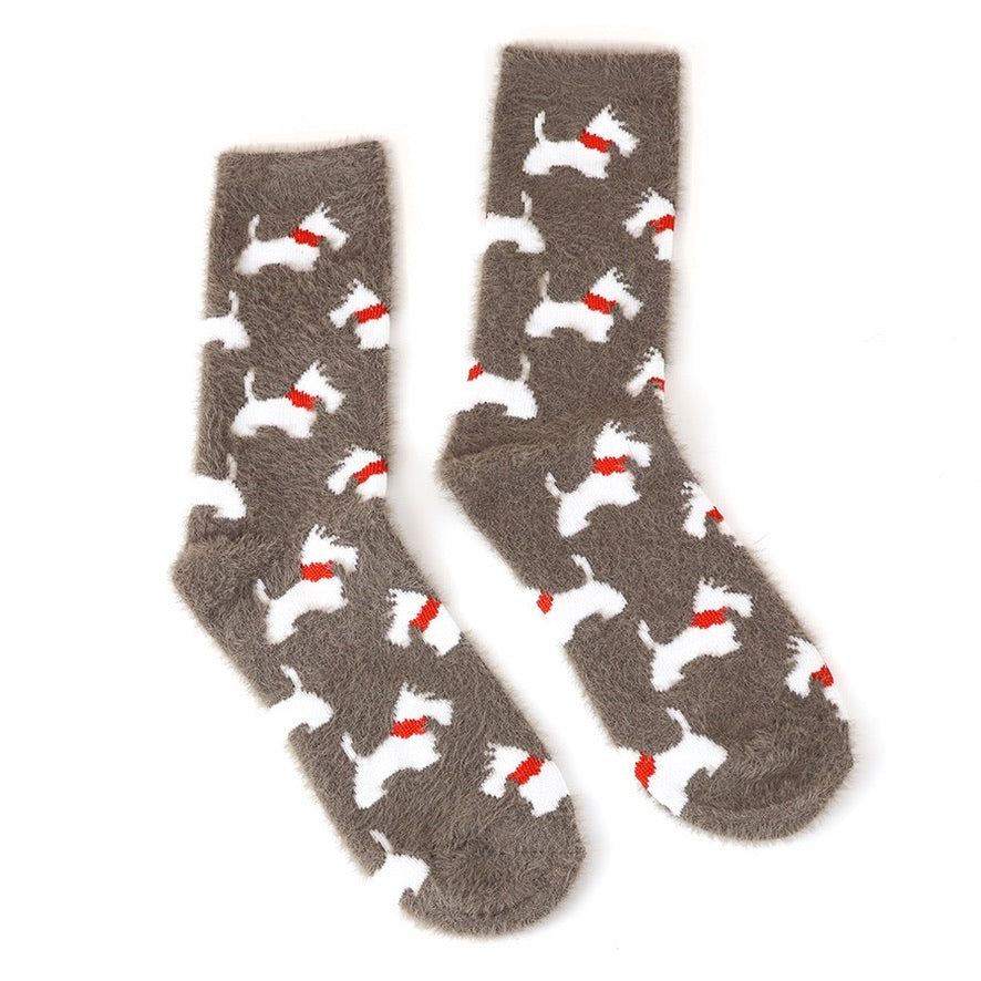 POM - Scotty Dog - Fluffy Cosy Ladies Socks - Dusky Brown