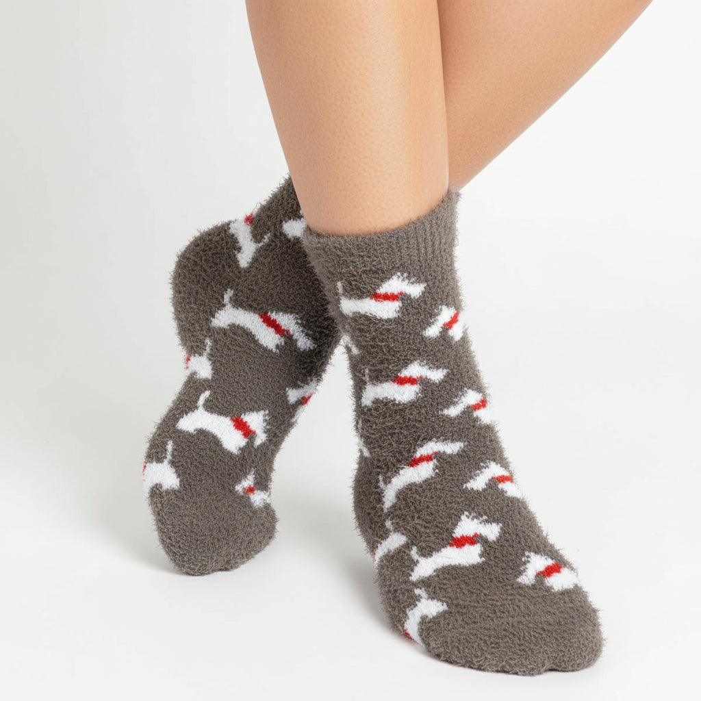 POM - Scotty Dog - Fluffy Cosy Ladies Socks - Dusky Brown