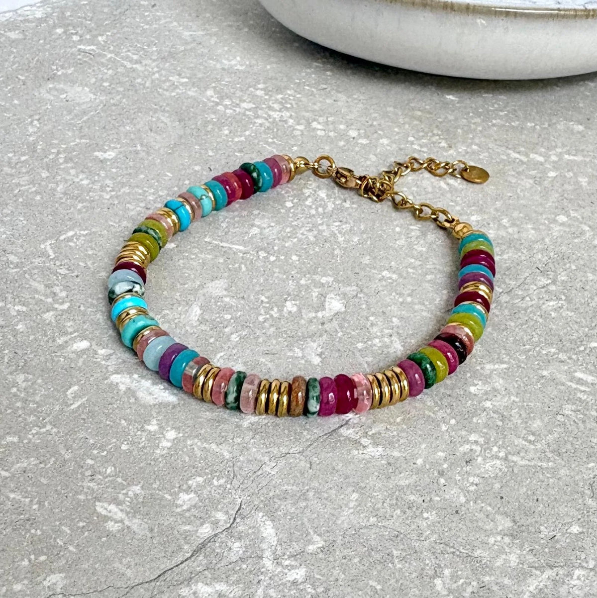 Multicoloured Rondelle Stone &amp; Gold Beaded Bracelet  - Flax Barn Waterproof Jewellery