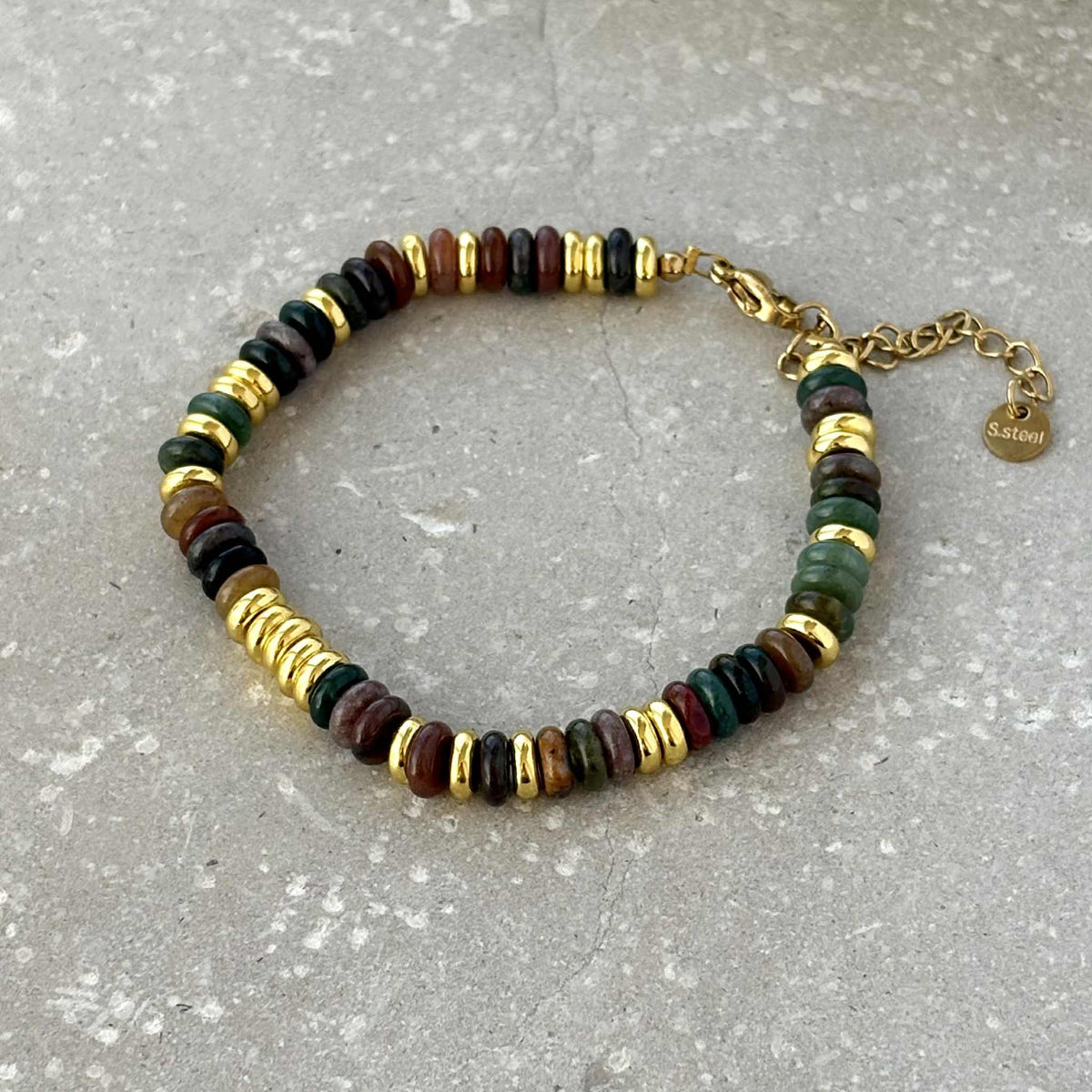 Dark Green Rondelle Stone &amp; Gold Beaded Bracelet  - Flax Barn Waterproof Jewellery