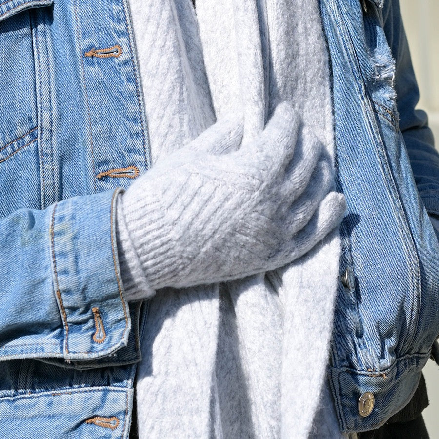 POM - Charlotte - Herringbone Cable Knit Plain Wool Gloves - Soft Grey