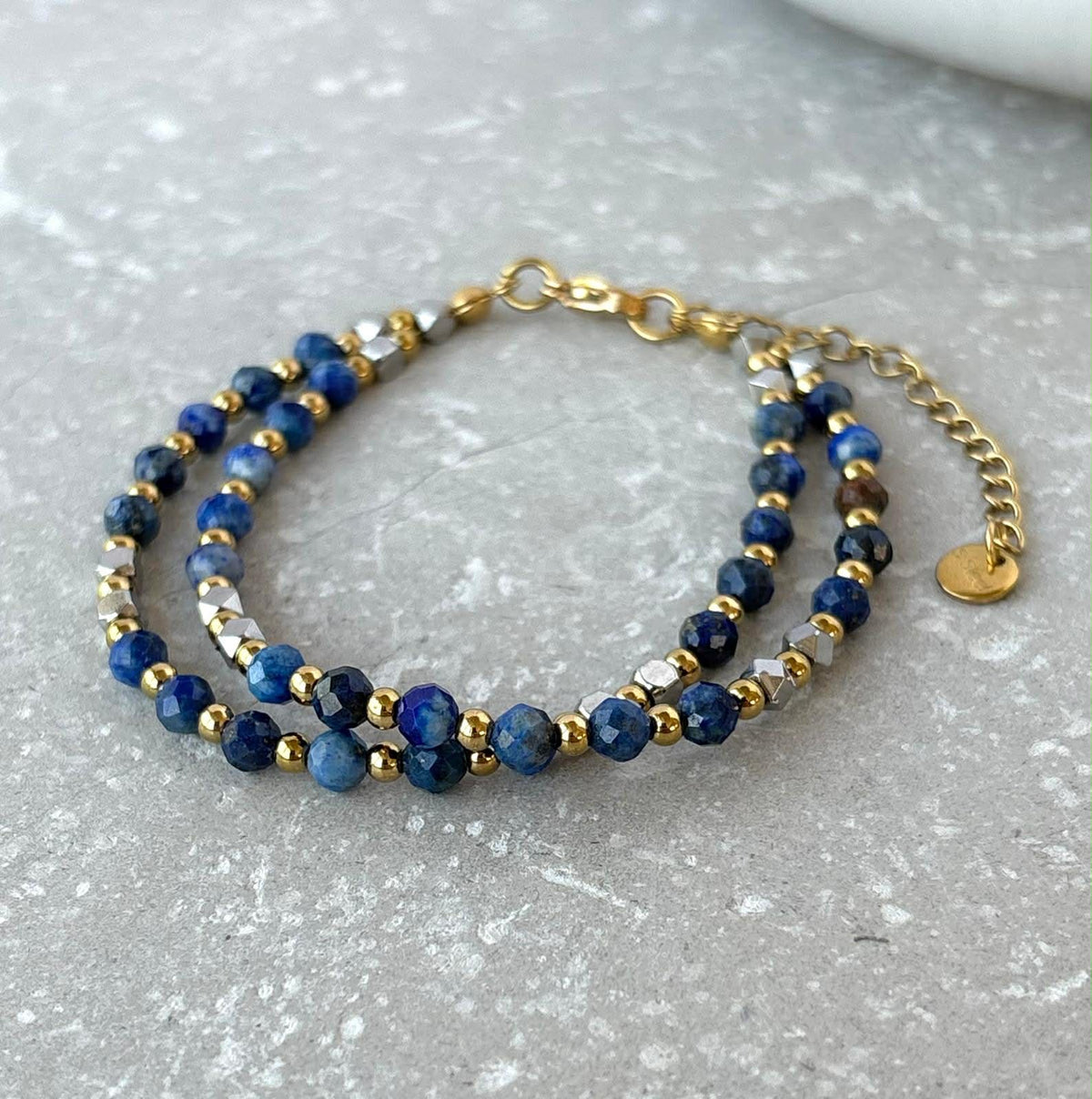Blue Double Strand Stone &amp; Gold Beaded Bracelet  - Flax Barn Waterproof Jewellery
