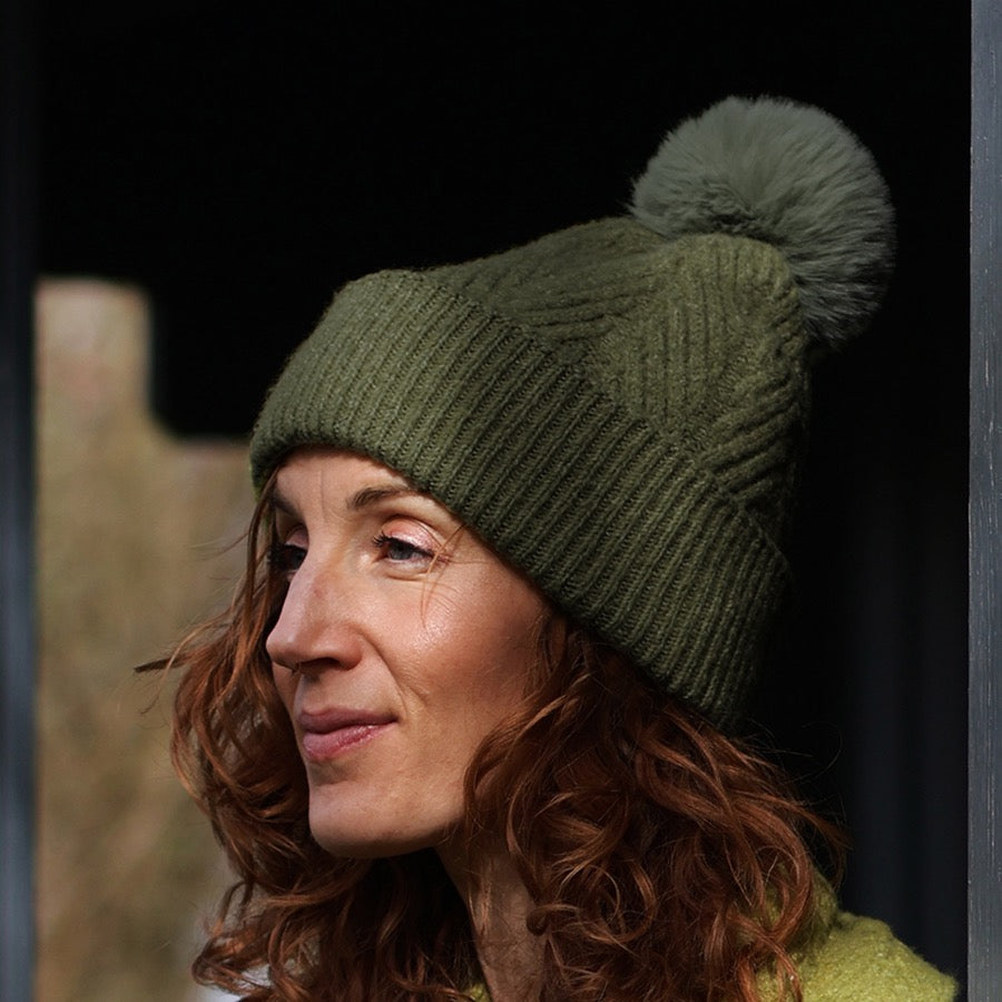 POM - Charlotte - Herringbone Knit Bobble Hat - Moss Green