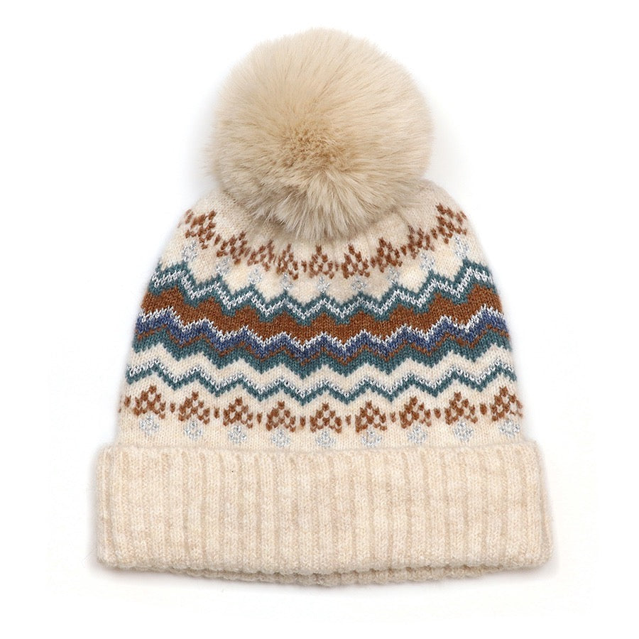 POM - Sofia - Patterned Zigzag Stripes Faux Fur Knitted Bobble Hat - Cream, Rust Silver &amp; Teal