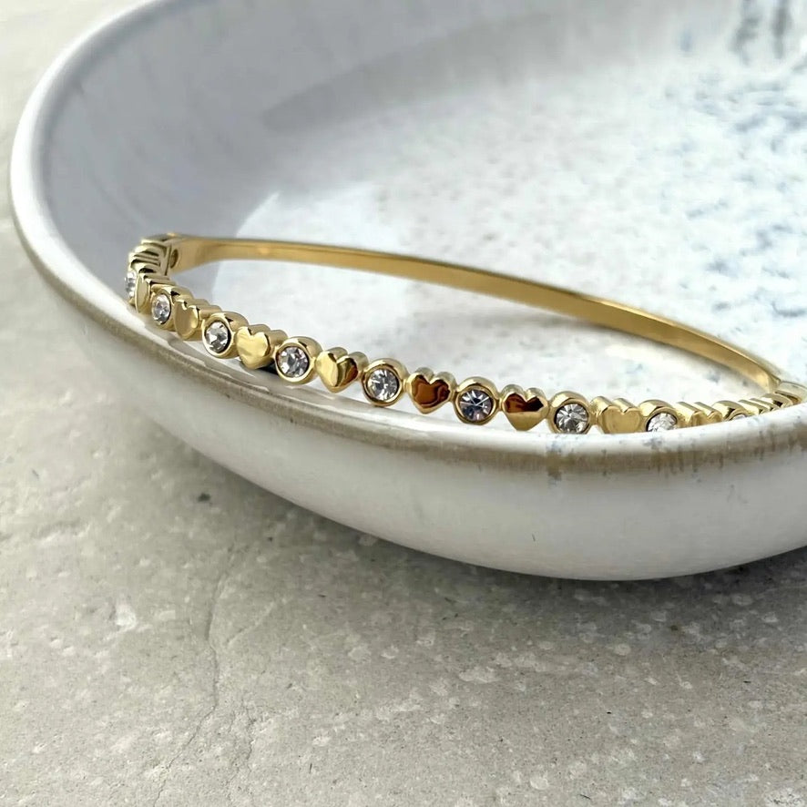 Gold &amp; Crystal Heart Bangle Bracelet - Flax Barn Waterproof Jewellery