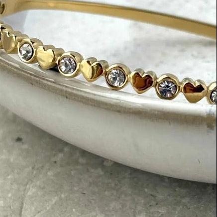 Gold &amp; Crystal Heart Bangle Bracelet - Flax Barn Waterproof Jewellery