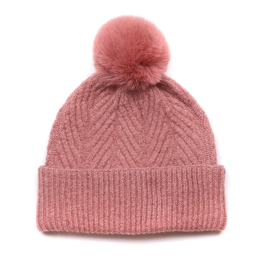 POM - Charlotte - Herringbone Knit Bobble Hat - Dusty Rose