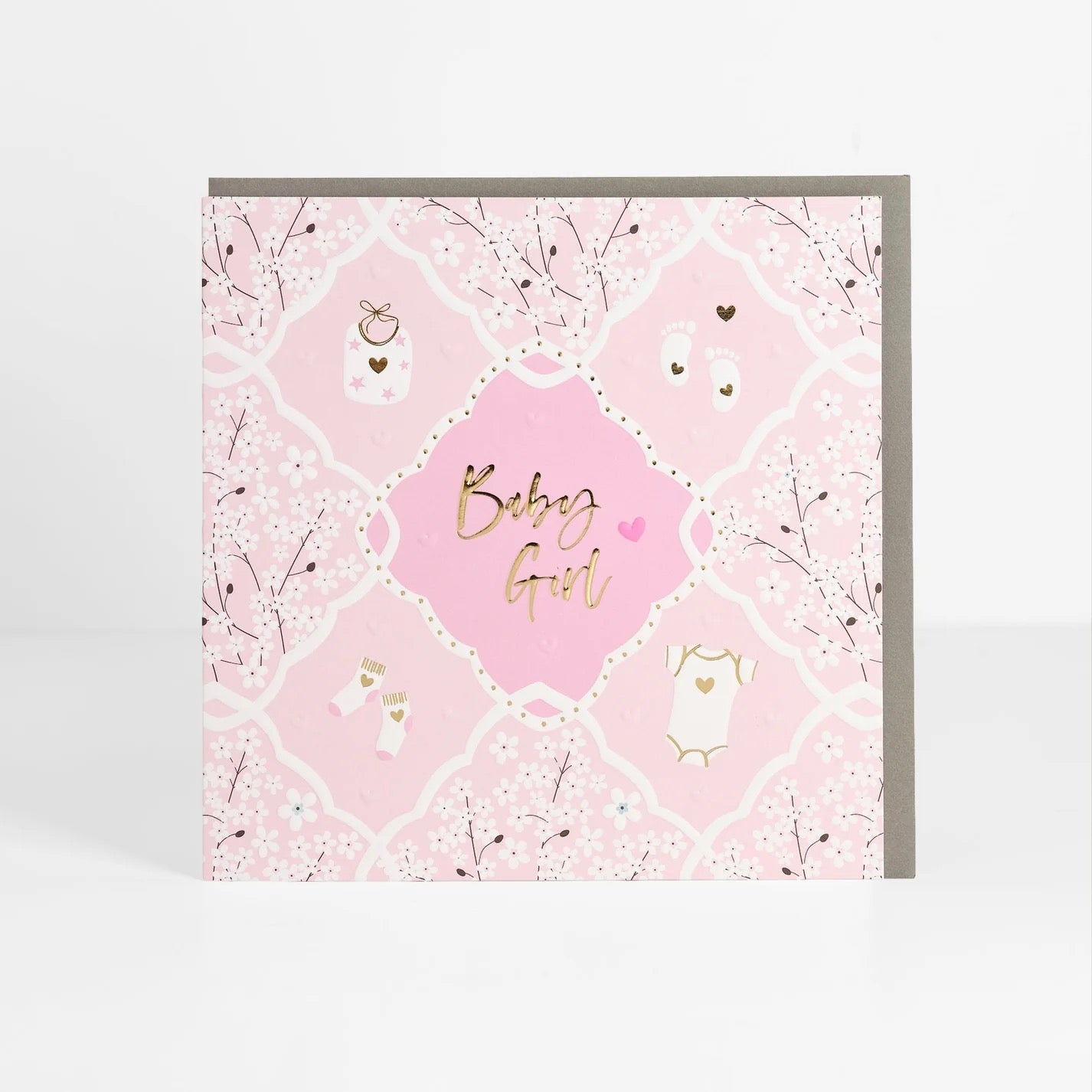 Baby Girl Pink Floral &amp; Illustrations - Baby Birth Card - Belly Button