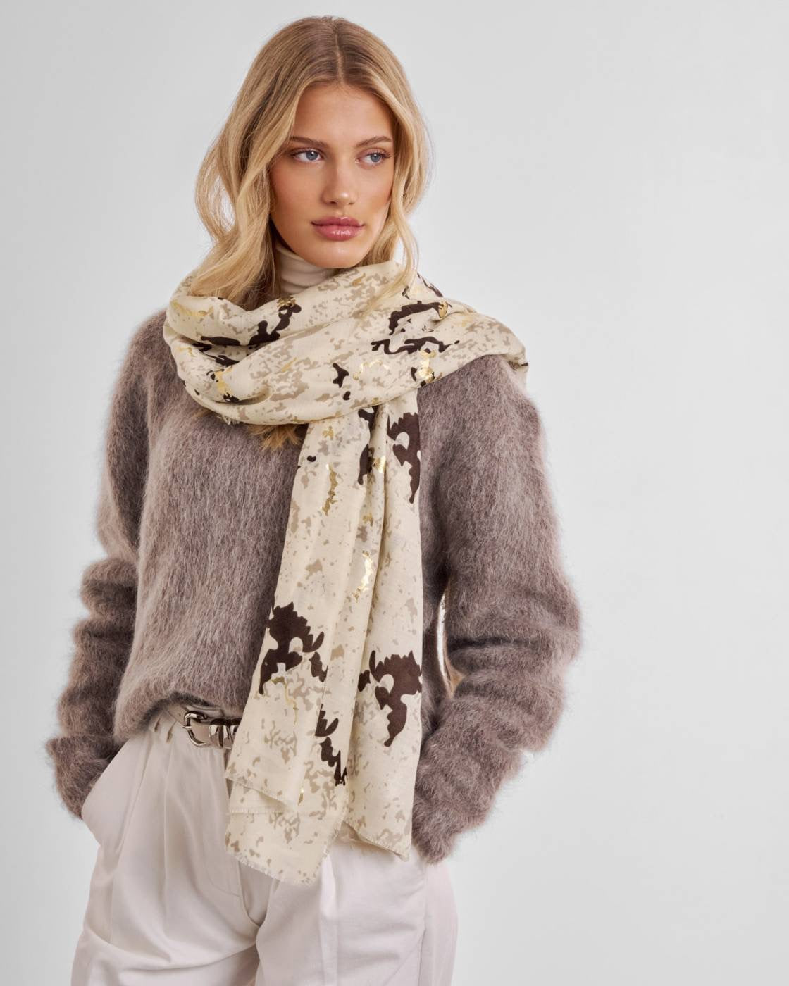 Katie Loxton Printed Scarf - Snake - Sand/Taupe/Chocolate/Gold Foil