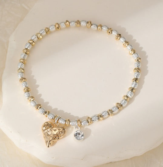 Gracee Jewellery - Gold Textured Heart &amp; Crystal Charm Two-Tone -  Beaded Stretch Bracelet