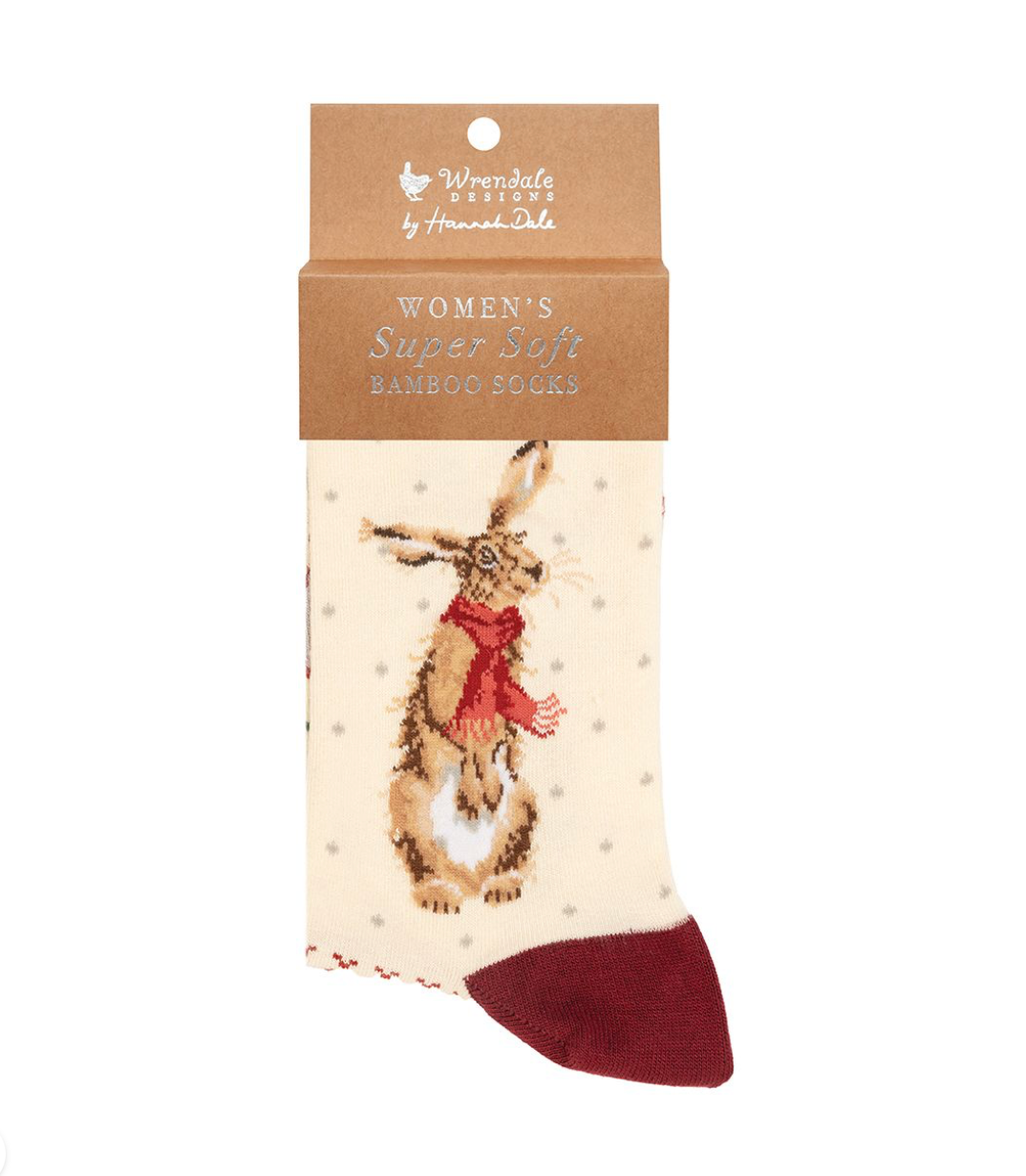 'Winter Hare' Christmas Ladies Ankle Bamboo Socks - Cream/Red -  Wrendale Designs