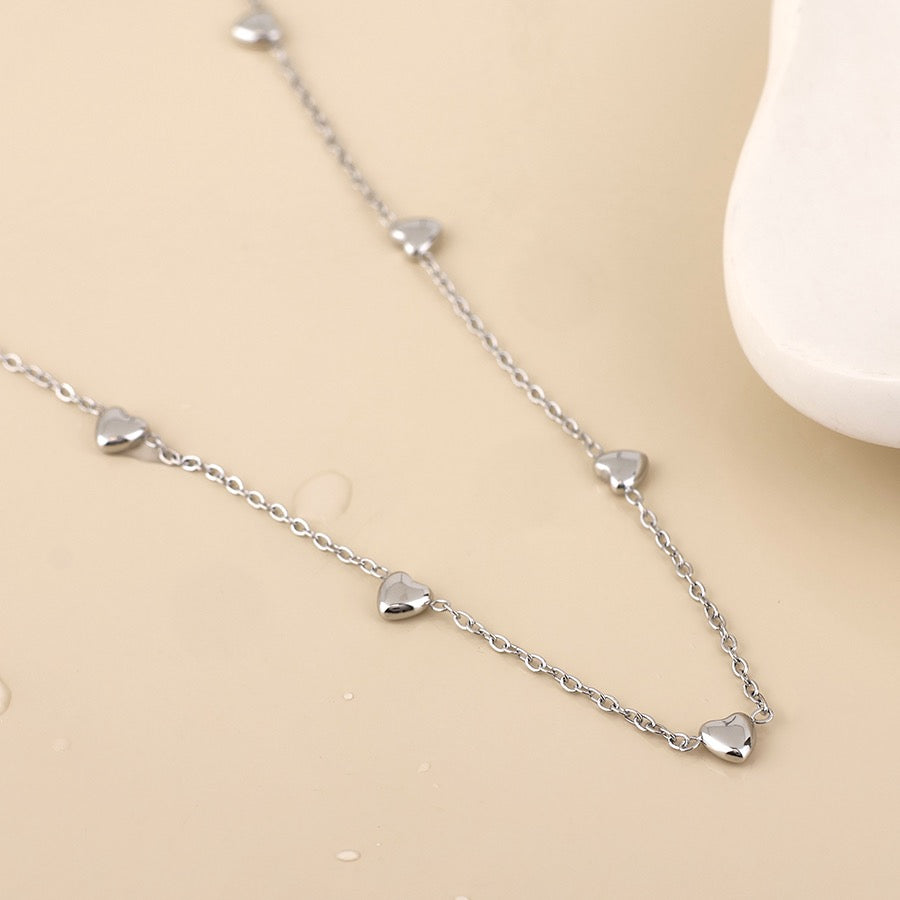 POM WATERPROOF - Whisper Stainless Steel Tiny Hearts Station Chain Necklace - Silver
