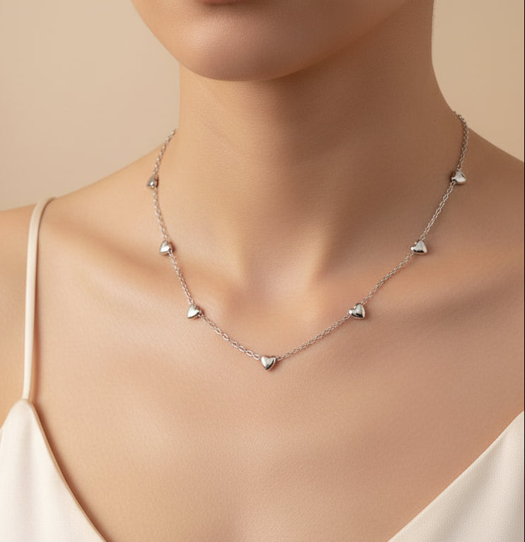 POM WATERPROOF - Whisper Stainless Steel Tiny Hearts Station Chain Necklace - Silver