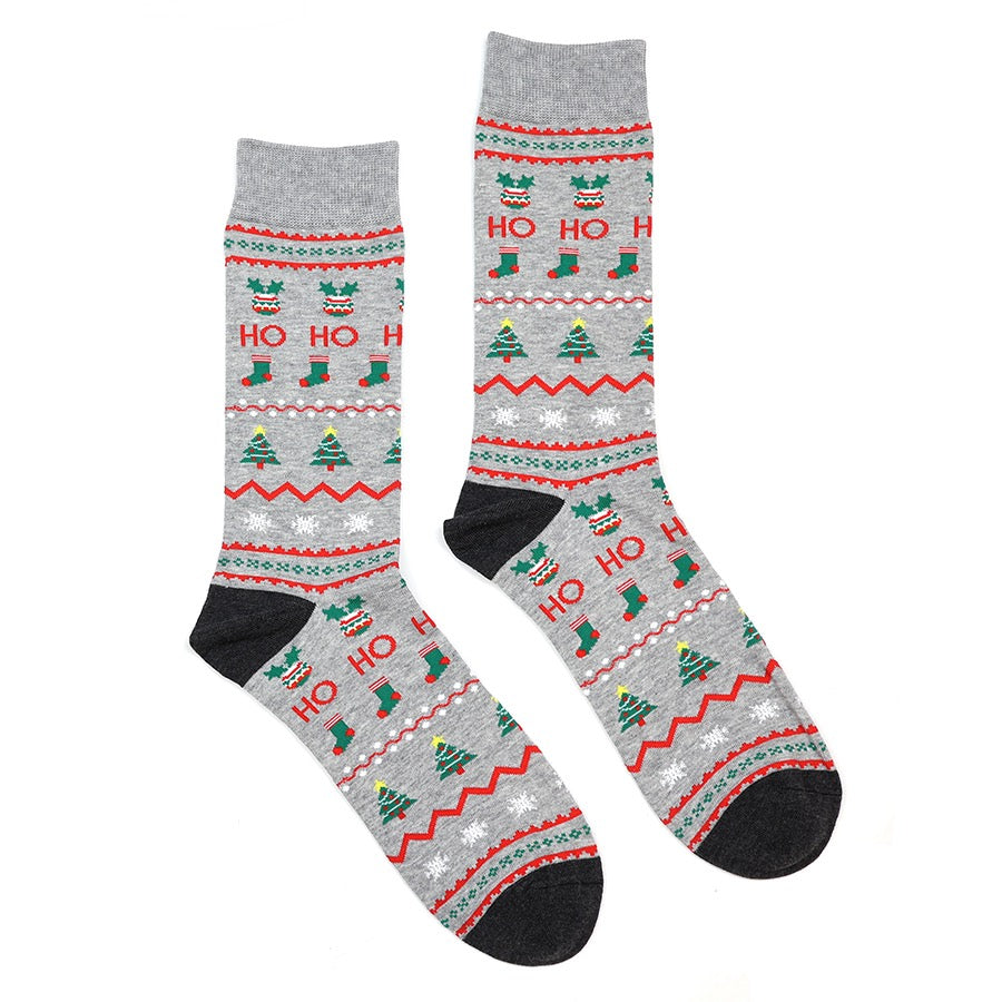 POM - Ted - Ho Ho Ho Festive Christmas Print - Mens Ankle Socks - Grey/Red/Multi