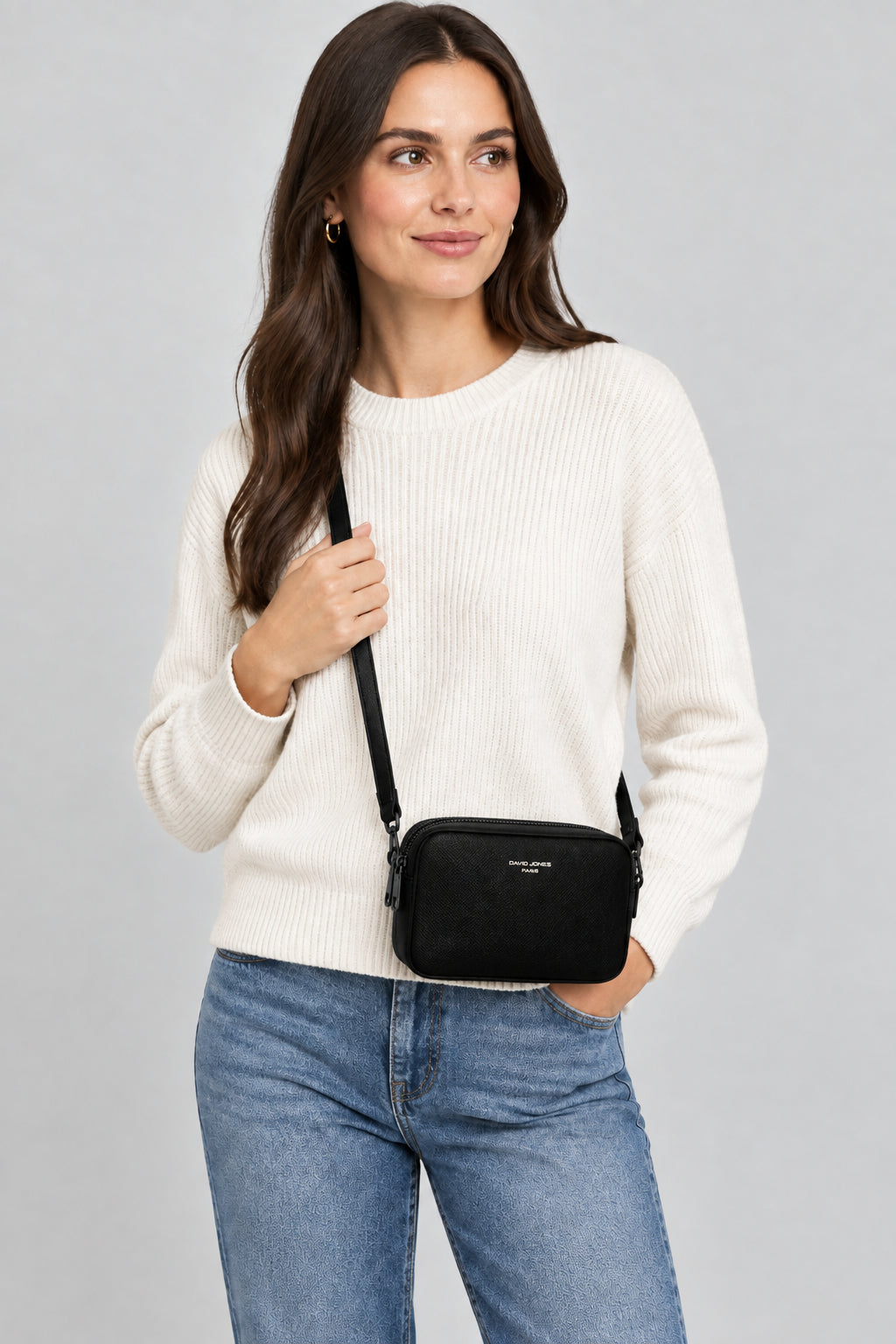 David Jones - (NVCM7335-3) Small Rectangular Double Zip Crossbody Bag - Black