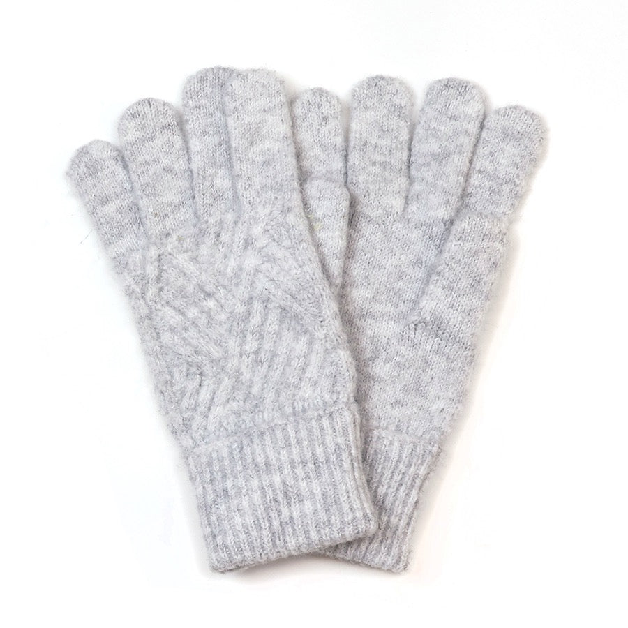 POM - Charlotte - Herringbone Cable Knit Plain Wool Gloves - Soft Grey