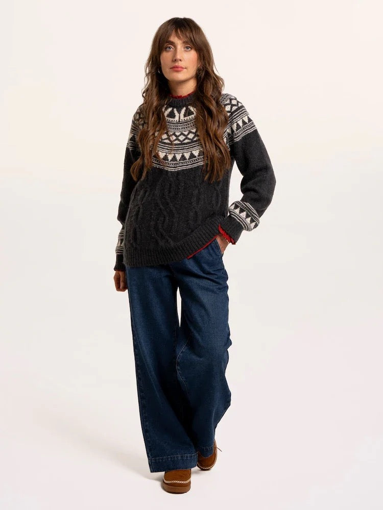 Brakeburn - Frida - Fairisle Knitted Crew Neck Jumper - Charcoal Grey/Cream