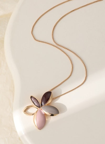 Gracee Jewellery - Enamel Burgundy &amp; Pink Golden Starburst Pendant Necklace - Gold