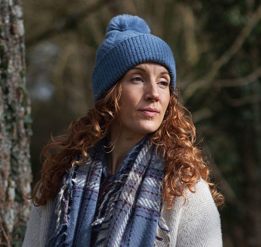 POM - Charlotte - Herringbone Knit Bobble Hat - Denim Blue